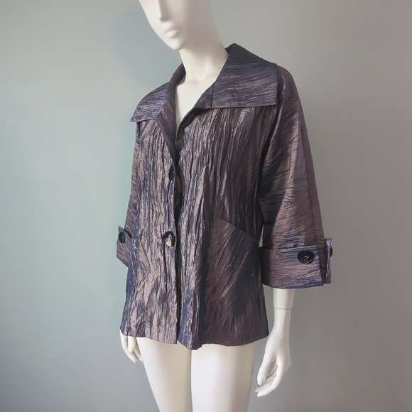 Rare! Adele Dallas Orr Couture Crinkled Iridescent Cropped Pea Coat Blazer XS - Picture 3 of 9